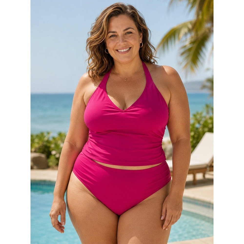 LL Bean Tankini Top Halter Swimsuit 18 Magenta Pink Swim Beach Pool Retro UPF